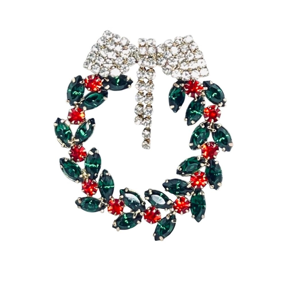 Cescabelle Gold Tone With Red, Green And Clear Rhinestone Wreath Brooch (6206)